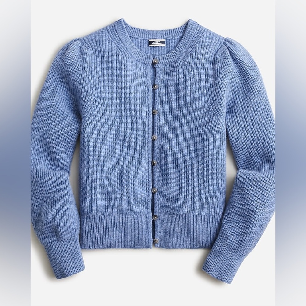 J. Crew 100% Cashmere Cornflower Blue Puff Sleeve Cardigan Sweater xs NWOT